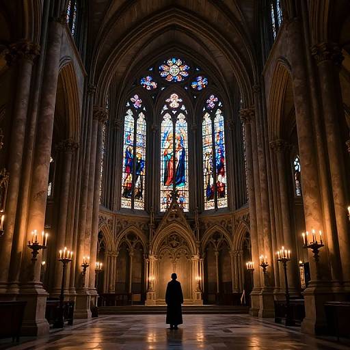 Photograph of a dark cathedral interior with a lone figure in silhouette standing before vibrant stained glass windows, illuminated by warm candlelight.