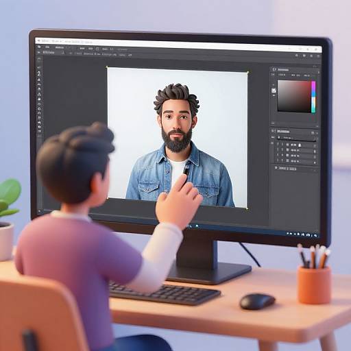 Photorealistic CGI: Man with black hair and beard on screen, viewed by artist with short dark hair using a digital drawing tablet.
