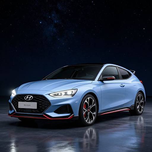Photograph of a sleek, silver Hyundai sports sedan with LED headlights and red accents, illuminated against a dark, starry background.