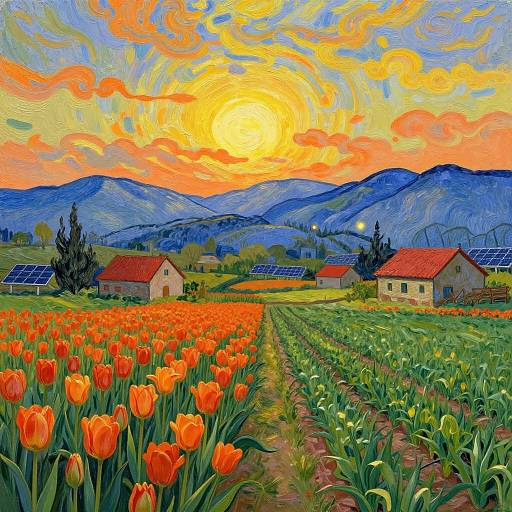 Vibrant, impressionist-style painting of a sunlit field with orange tulips, green crops, distant mountains, and red-roofed houses