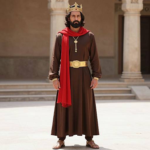 Photograph of a bearded man with shoulder-length black hair, wearing a brown robe, red scarf, gold crown, and ornate belt, standing