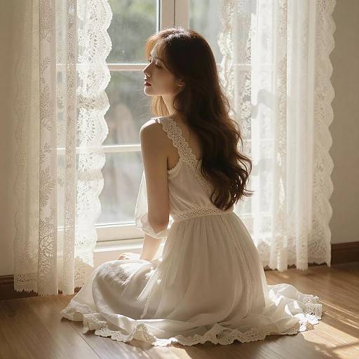 Woman in White Dress by Lace Curtain Window