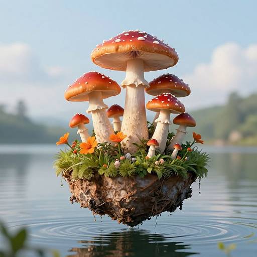 Floating Island of Vibrant Mushrooms