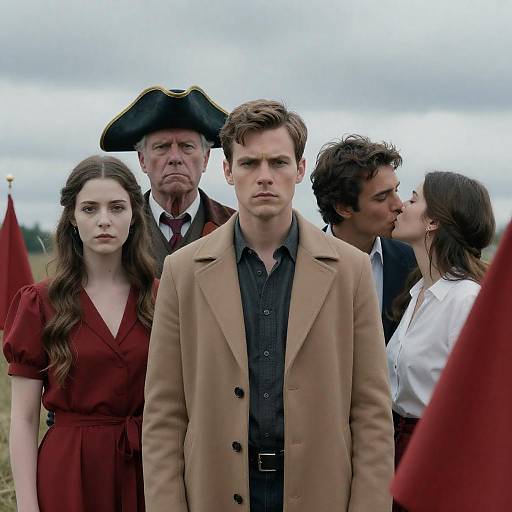 Group of people under cloudy sky with red flags