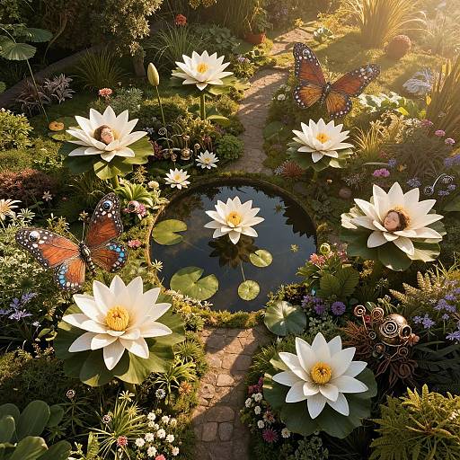 Photograph of a vibrant garden with white water lilies, orange butterflies, lily pads, and colorful flowers around a small pond, bathed in