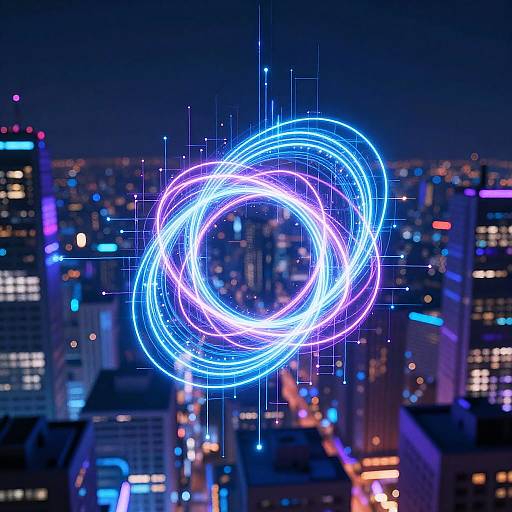 Photograph of a night city skyline with vibrant blue and purple neon light trails forming a swirling circle, superimposed over illuminated skyscrapers, creating