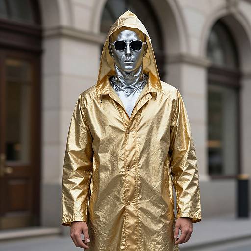 Photograph of a person in a shiny gold hooded raincoat and silver mask with black sunglasses, standing in front of an arched, stone building