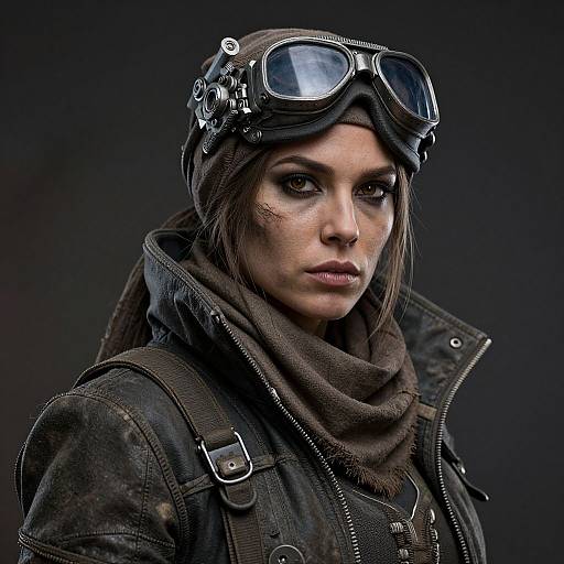 Photograph of a serious, brown-eyed woman with dark hair, wearing a black leather jacket, brown scarf, and vintage aviator goggles on a dark