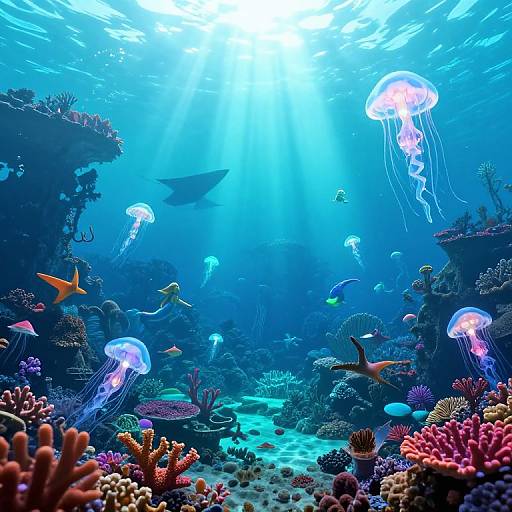 Vibrant underwater photograph of a coral reef teeming with colorful jellyfish, fish, and corals, bathed in bright, blue sunlight.