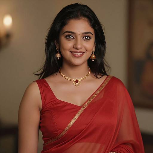 Photograph of a smiling Indian woman with medium skin tone, wearing a red saree, gold jewelry, and traditional earrings, set against a blurred indoor