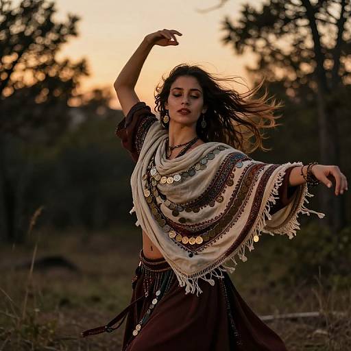 Photograph of a dancing woman with long brown hair, wearing a beaded, fringed shawl and brown skirt, against a sunset forest backdrop.