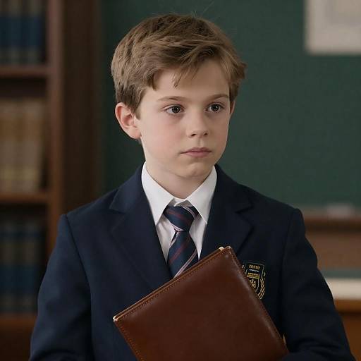 Young Boy in School Uniform Holding Leather Folder