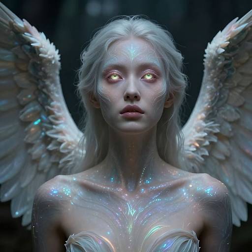 Digital painting of a ethereal, white-haired angelic woman with glowing yellow eyes, large white wings, and iridescent skin, set against a