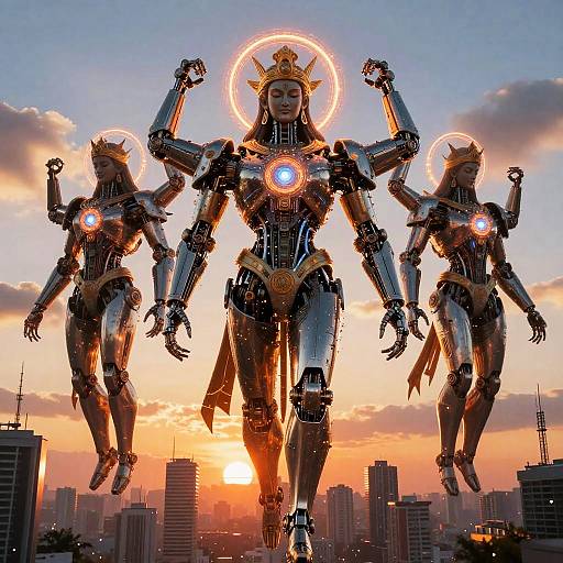 Photograph of three robotic, goddess-like figures with glowing halos, metallic armor, and intricate designs, floating over a cityscape at sunset.