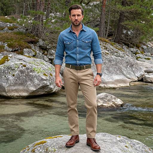 Photograph of a bearded man with dark hair, wearing a blue denim shirt, beige pants, and brown shoes, standing on a moss-covered rock