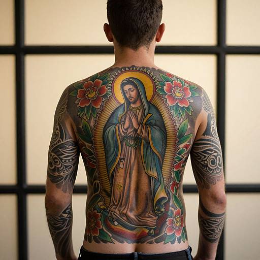 Photograph of a tattooed man with a large, colorful depiction of the Virgin Mary on his back, surrounded by flowers and tribal designs, standing against