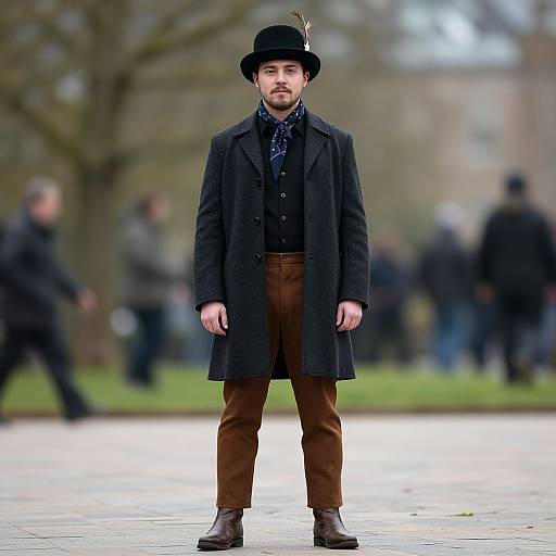 Photograph of a bearded man in a black top hat, dark coat, brown pants, and brown boots, standing in a blurred park. Bl