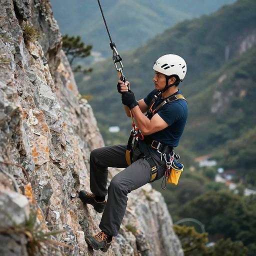 Athlete Scaling Mountain with Grappling Hook
