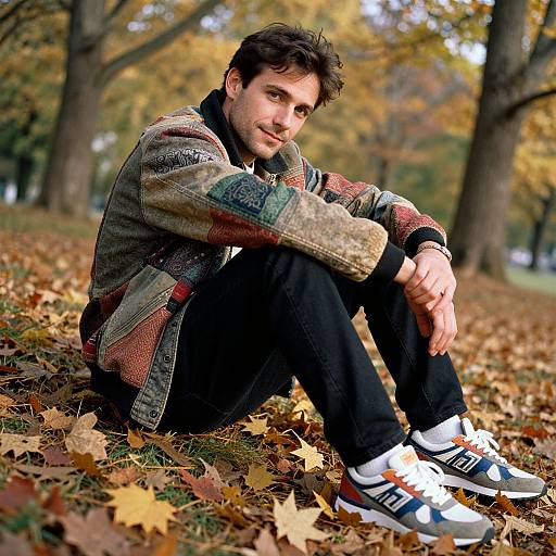 Photograph of a young man with dark hair, sitting on autumn leaves in a park, wearing a patterned jacket, black pants, and white sneakers
