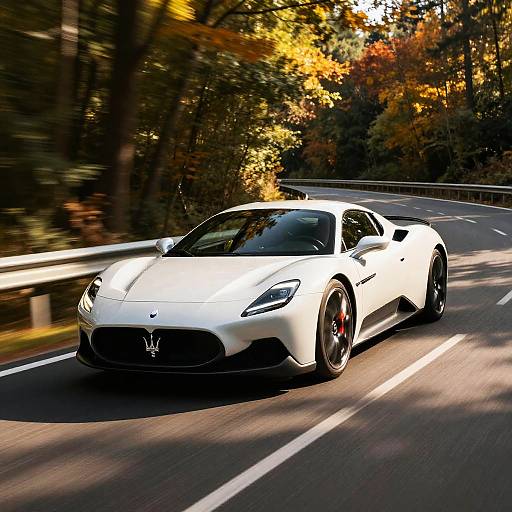 Photograph of a sleek, white Porsche 718 Cayman driving on a winding road through a forest with autumn foliage, sunlight filtering through trees.
