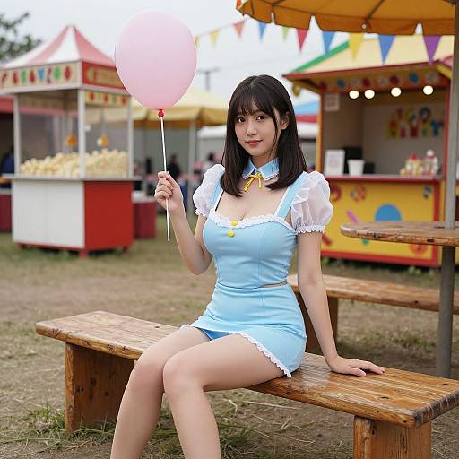 Woman at Backyard Carnival in Blue Dress
