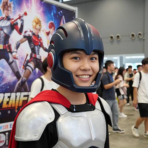 Photograph of a smiling Asian boy in a blue superhero helmet and silver armor with a red cape, standing in front of a Marvel poster at a convention