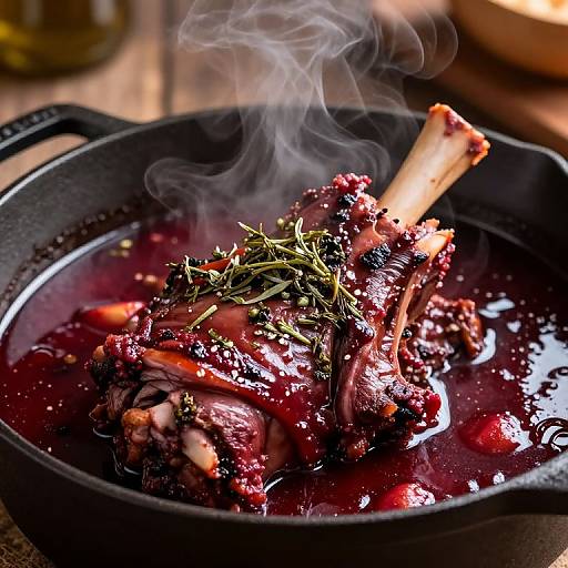 Photograph of a juicy, bone-in pork chop smothered in rich, red braising sauce, garnished with fresh rosemary, steaming