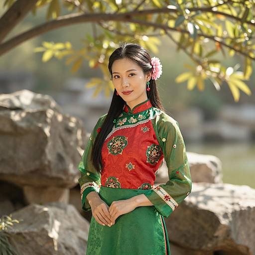 Asian Woman in Traditional Chinese Dress Outdoors