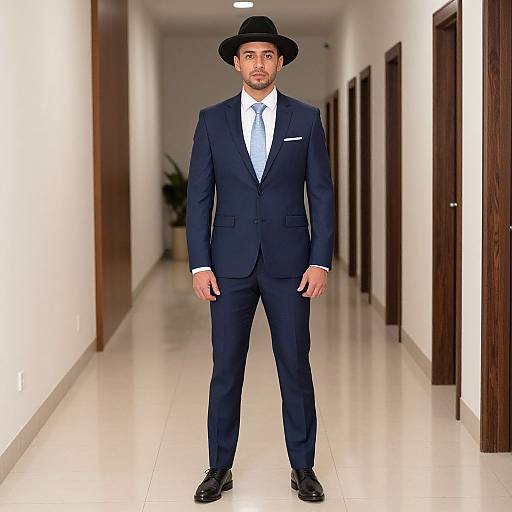 Photograph of a handsome man with light brown skin, black hat, dark blue suit, white shirt, black shoes, standing in a bright, sleek