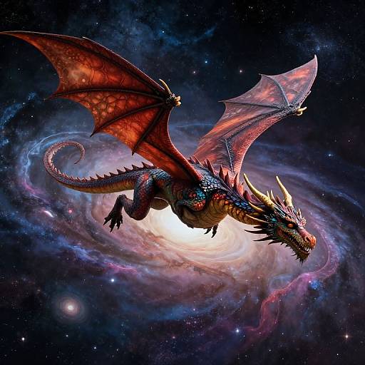 Digital artwork of a vivid red dragon with jagged scales and yellow horns, soaring through a cosmic galaxy with swirling nebulae and stars. Dragon's