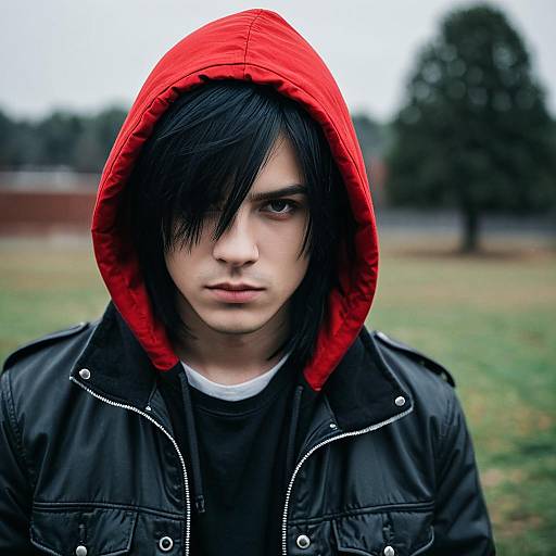 Young man with red hood outdoors