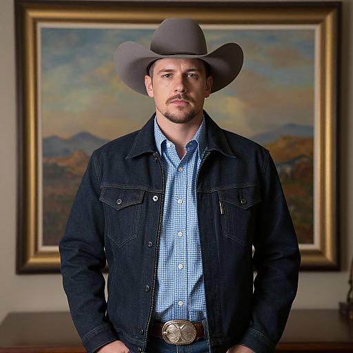 Photograph of a bearded man in a gray cowboy hat, black denim jacket, blue checkered shirt, and large belt buckle, standing in front