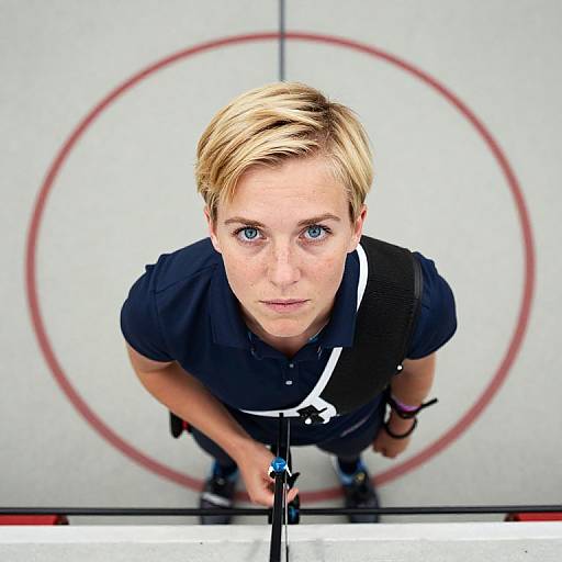 Photograph of a young blonde man with blue eyes, wearing a black shirt and white lanyard, looking up from a podium. Background features a