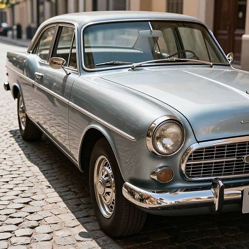 Photograph of a shiny, silver classic sedan parked on a cobblestone street, with sunlight highlighting its sleek, curved design and chrome accents.