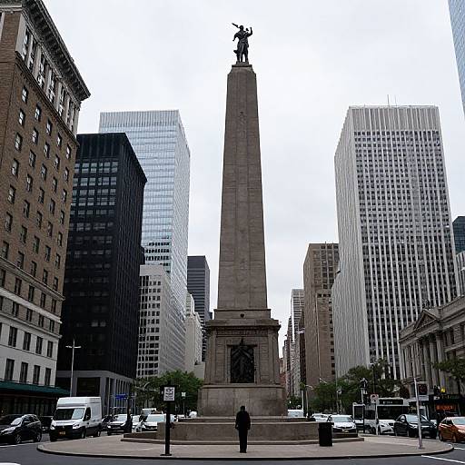 Photograph of a city square featuring a tall stone monument with a statue at the top, flanked by modern skyscrapers.