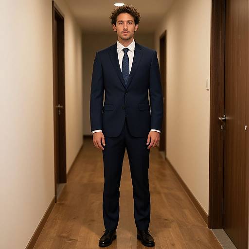 Photograph of a handsome man with curly brown hair, light skin, and a beard, standing in a hallway wearing a dark navy suit, white shirt