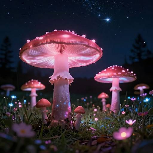 Photograph of glowing, pink-illuminated mushrooms in a dark, starry forest with small fairy lights and flowers, creating a magical, eth