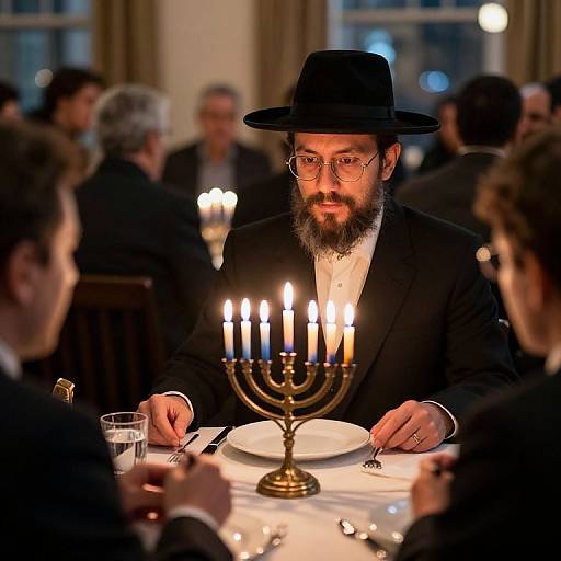 Photograph of a bearded man with glasses and black hat, holding knife, lit Hanukkah menorah on table, dining in dimly lit