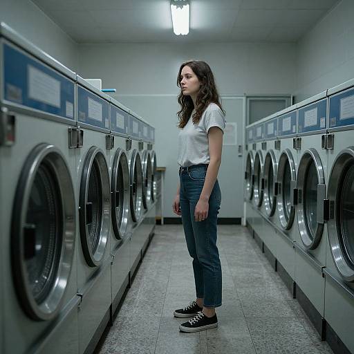 Photograph of a young woman with wavy brown hair, wearing a white t-shirt, blue jeans, and black sneakers, standing in a brightly lit
