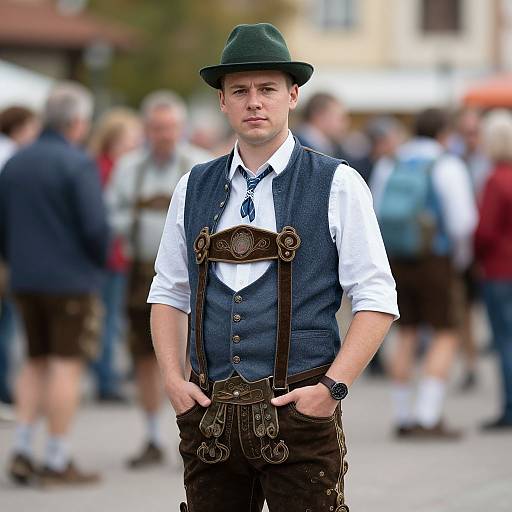 Photograph of a young Caucasian man in traditional Bavarian attire: green hat, dark vest, white shirt, brown suspenders, and lederh