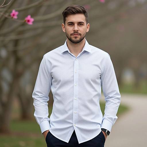 Photograph of a handsome, bearded man with dark hair, wearing a crisp white button-up shirt and dark pants, standing confidently with hands in pockets