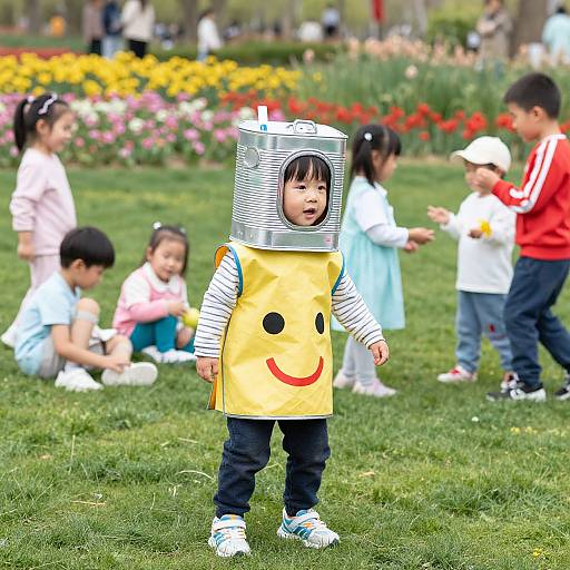 Child in Tin Can Costume Playing