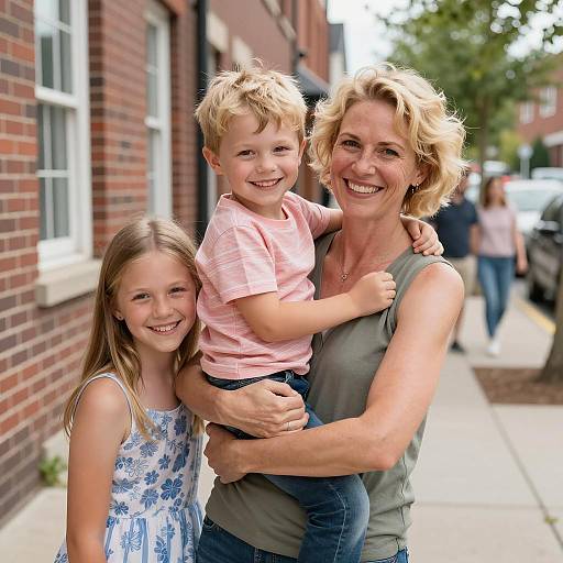 Smiling Mother with Children Outdoors