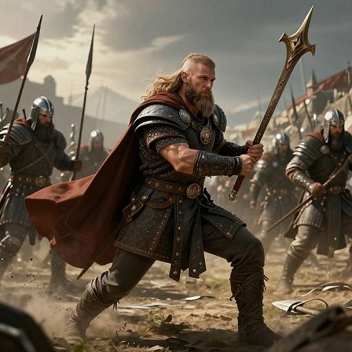 Photorealistic digital artwork of a muscular, bearded Viking warrior with long blonde hair, holding a large spear, leading an army in medieval armor on