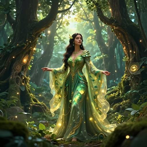 Digital artwork of a mystical forest scene: a fair-skinned, long-haired woman in a glowing green, gold-embellished dress, surrounded by