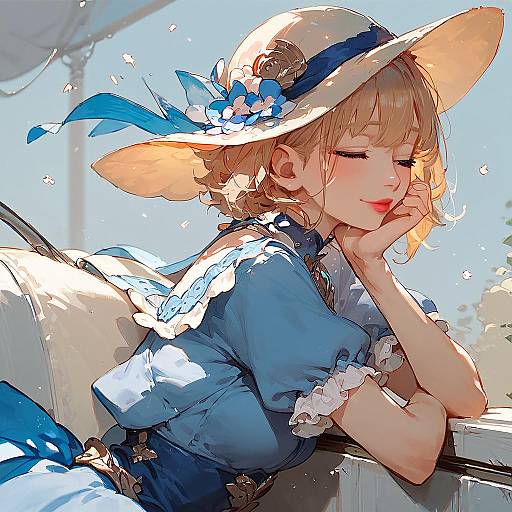 Anime Girl in Blue Dress with Hat Sitting on Bus