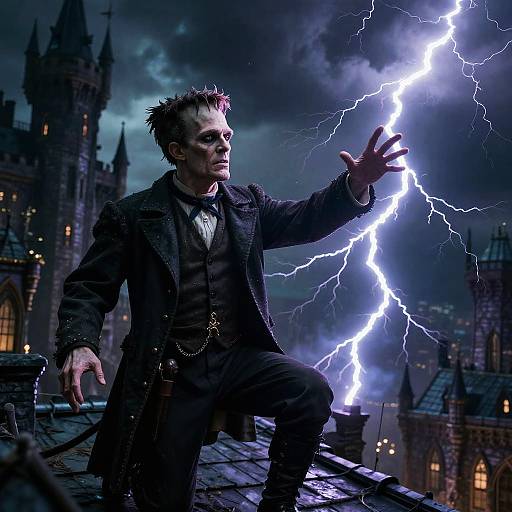 Photograph-style digital art of a dark-haired, brooding man in a Victorian coat, commanding a bolt of lightning on a gothic rooftop.