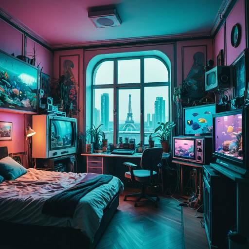 Cyberpunk Apartment with Eiffel Tower View