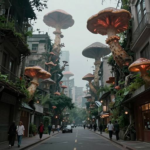 Photograph of a surreal urban street featuring enormous, glowing red and orange mushrooms towering over buildings, with people walking below.