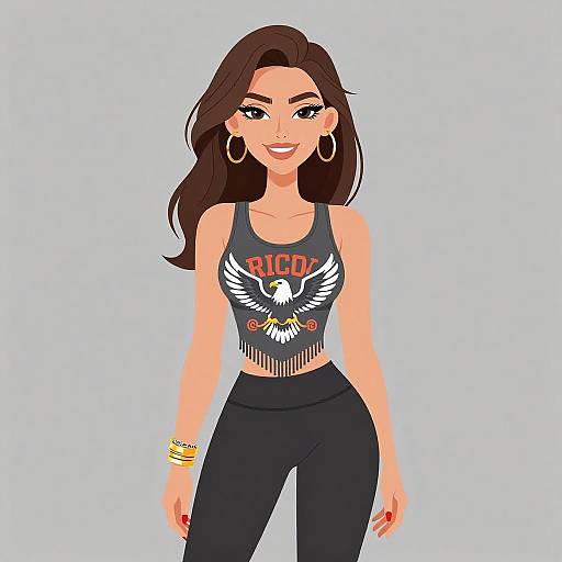 Digital illustration of a smiling woman with long brown hair, wearing a 